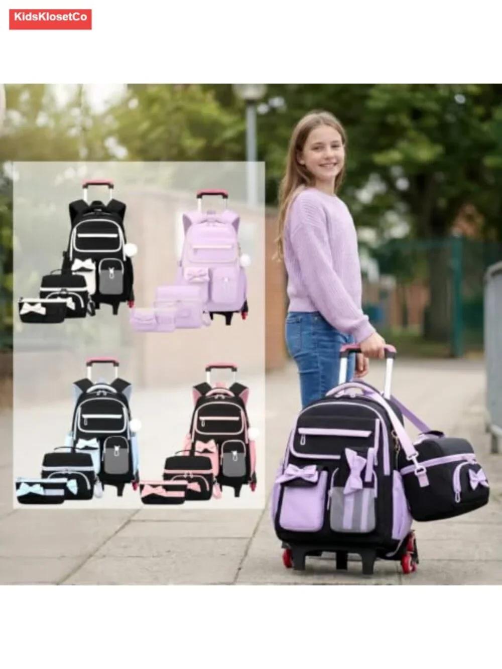 Rolling Backpack for Girls 6 Wheels with Furry Pendant Color-Block Nylon